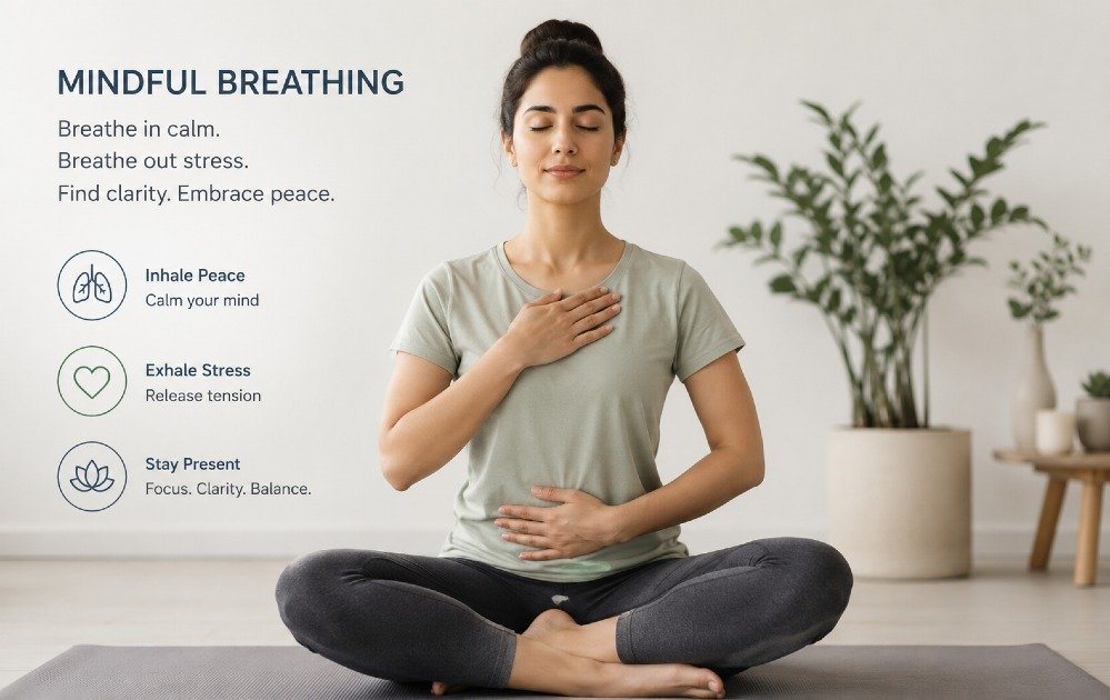 Person practicing mindful breathing with calm focus to reduce stress and improve mental clarity