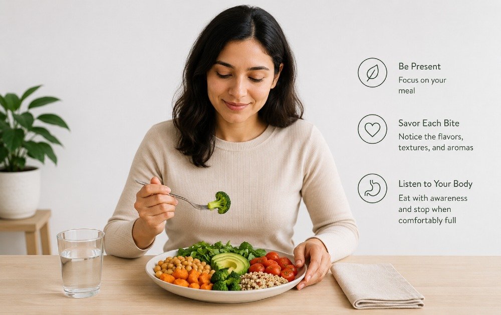 Person practicing mindful eating by focusing on a balanced meal without distractions