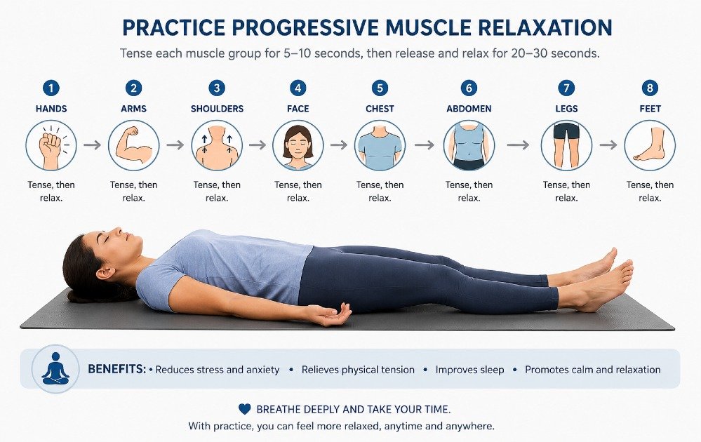 Person practicing progressive muscle relaxation by tensing and releasing muscle groups to reduce stress and promote calmness.