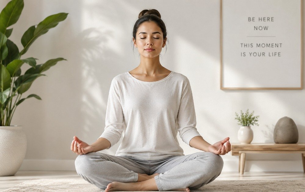 Focused mindfulness practice showing present moment awareness and calm mental clarity.