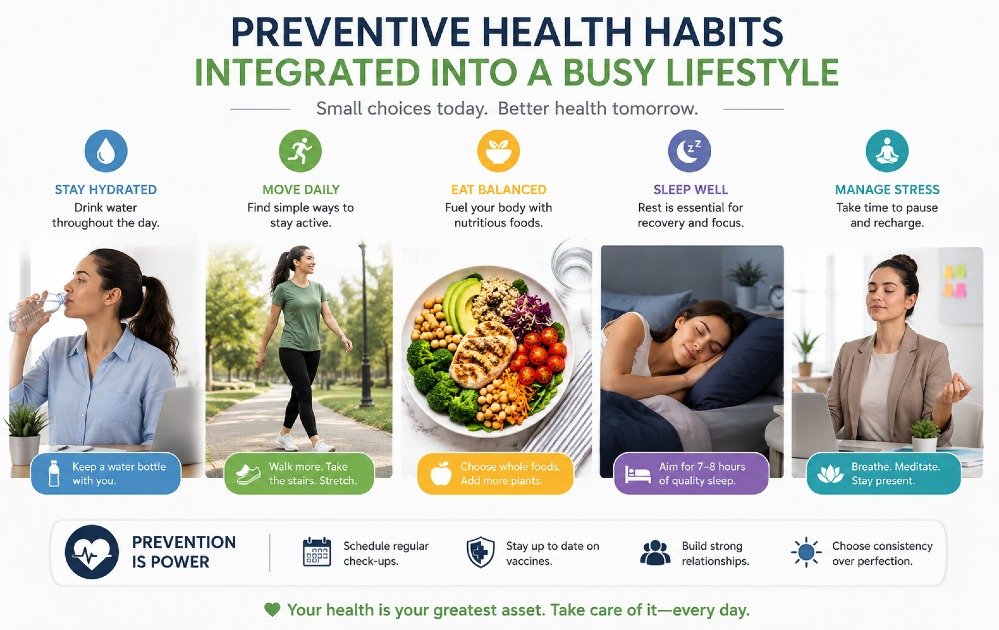 Preventive health habits integrated into a busy lifestyle, showing simple daily wellness choices like hydration, movement, and balanced nutrition