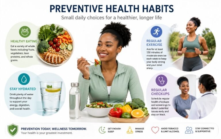 Person practicing preventive health habits like healthy eating, exercise, hydration, and regular checkups to support long-term wellness and disease prevention.