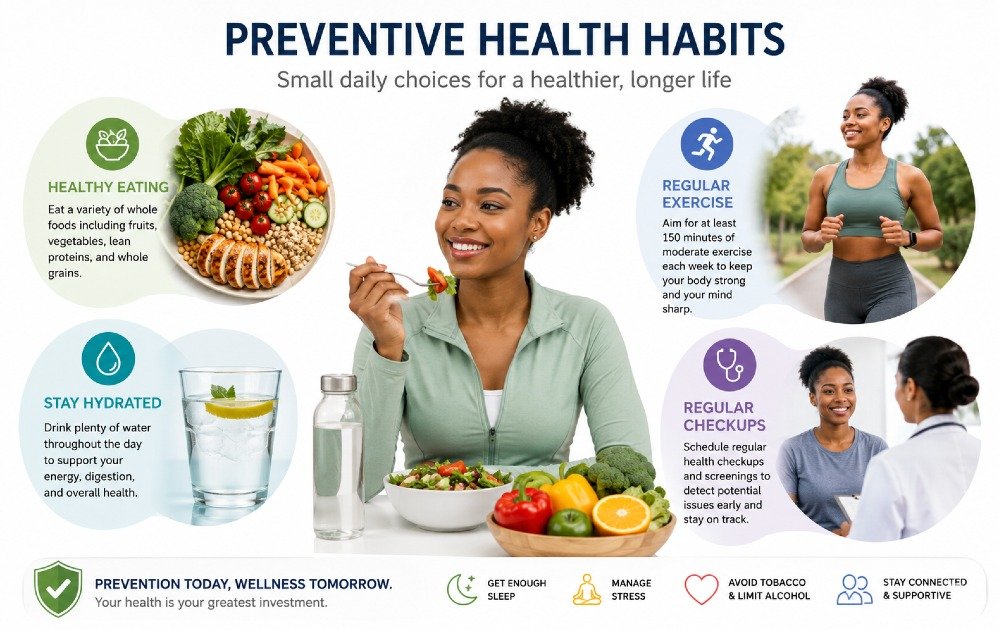 Person practicing preventive health habits like healthy eating, exercise, hydration, and regular checkups to support long-term wellness and disease prevention.