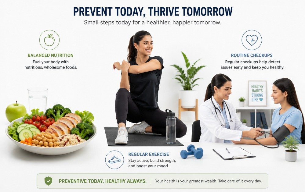 Person practicing preventive health strategies through balanced nutrition, regular exercise, and routine health checkups for long-term wellness.