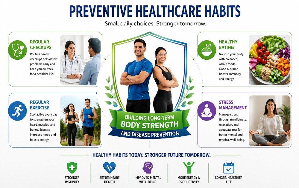 Preventive healthcare habits like regular checkups, healthy eating, exercise, and stress management building long-term body strength and disease prevention.