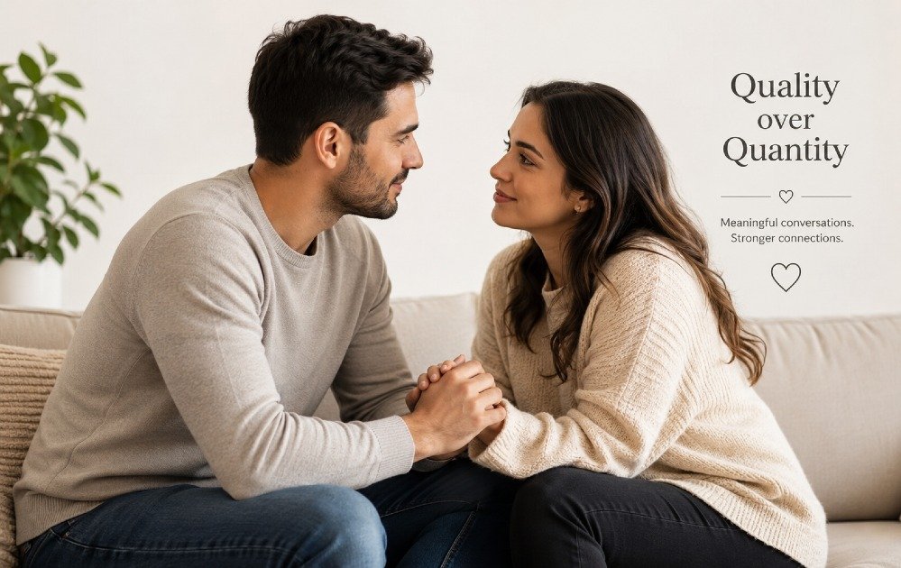 Couple focusing on emotional connection and meaningful communication, prioritizing quality over quantity in relationships