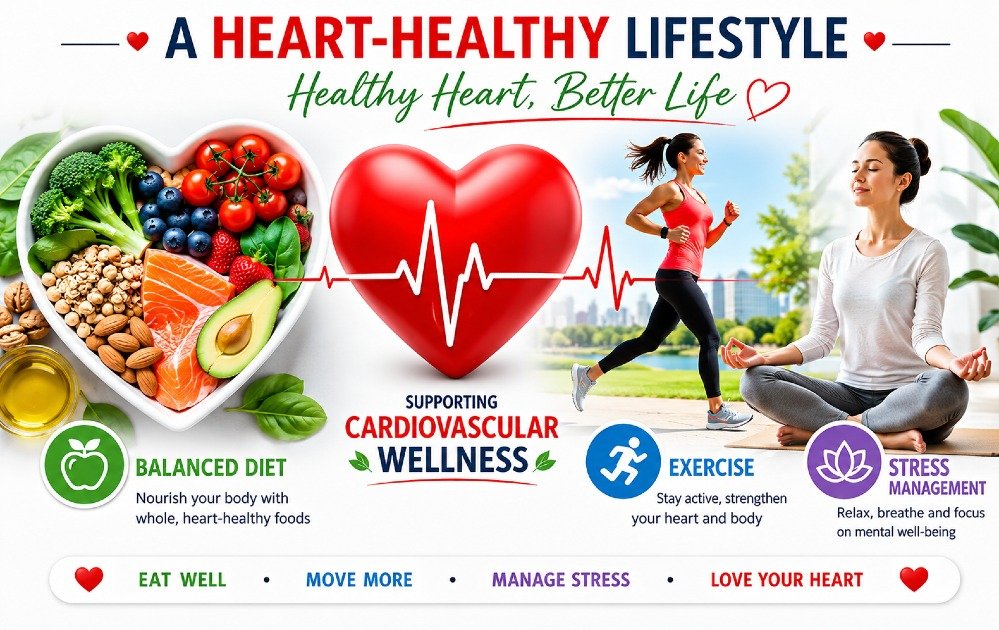 Heart-healthy lifestyle elements including balanced diet, exercise, and stress management supporting cardiovascular wellness
