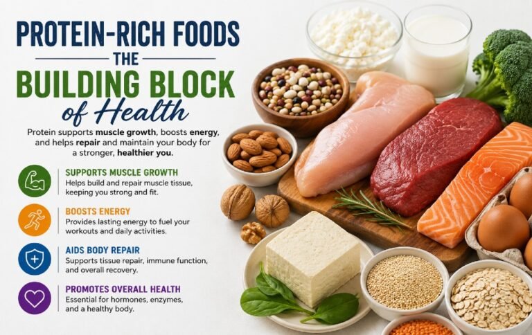 Protein-rich foods supporting muscle growth, energy, and overall body repair and health
