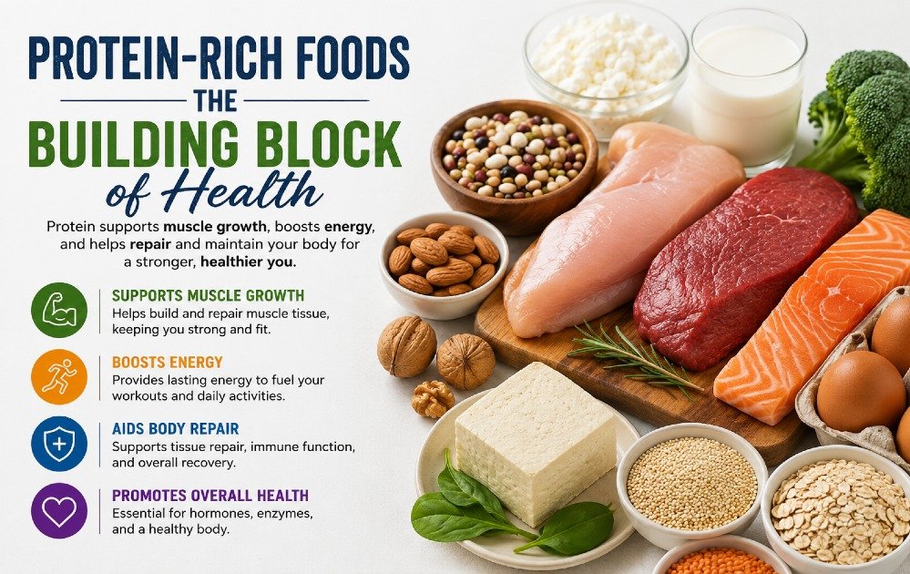 Protein-rich foods supporting muscle growth, energy, and overall body repair and health