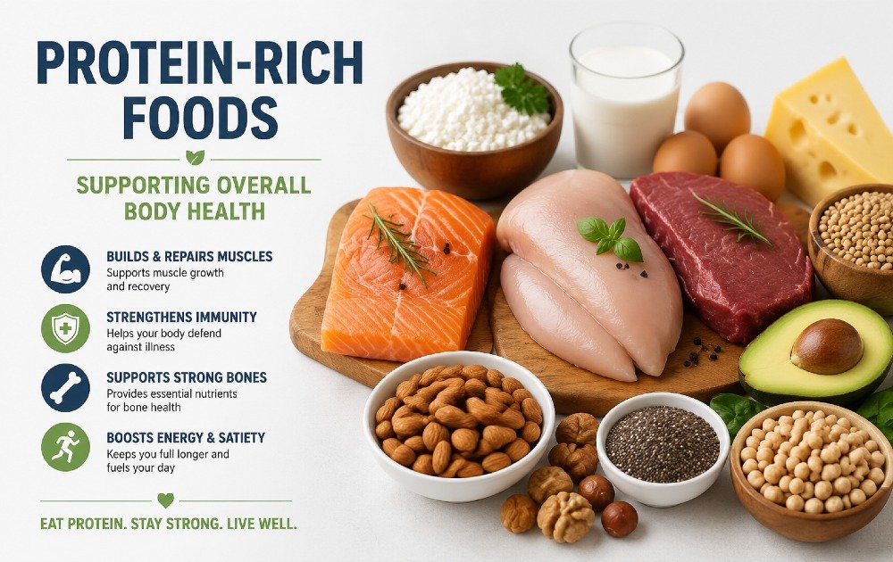 Protein-rich foods supporting muscle growth, repair, and overall body health.