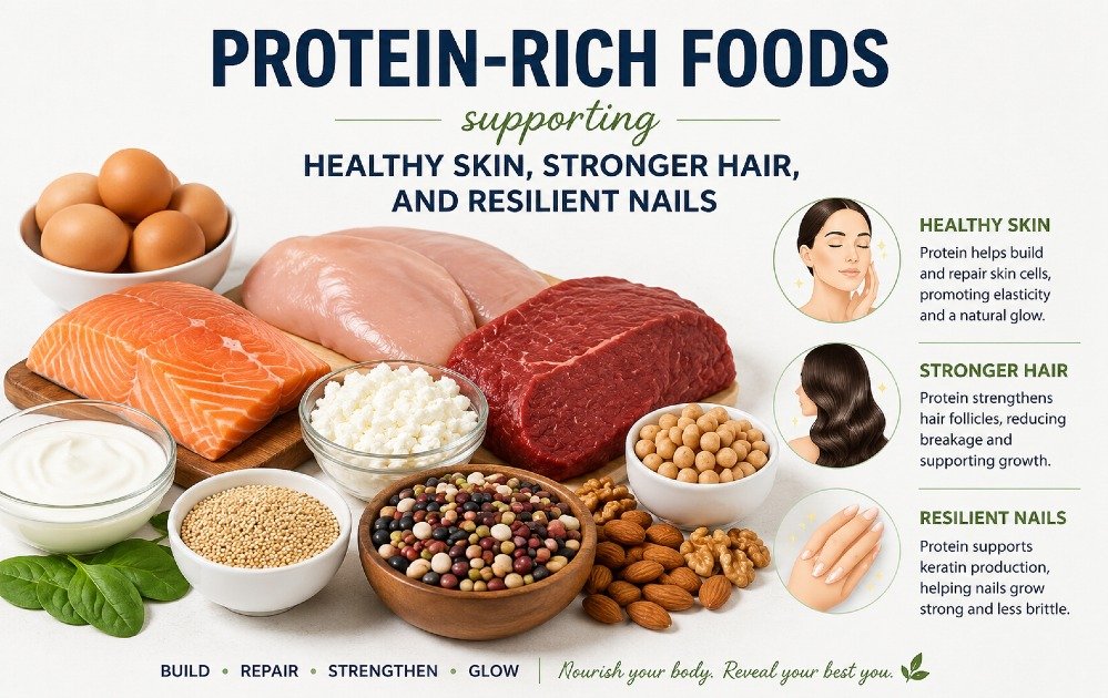 Protein-rich foods supporting healthy skin, stronger hair, and resilient nails