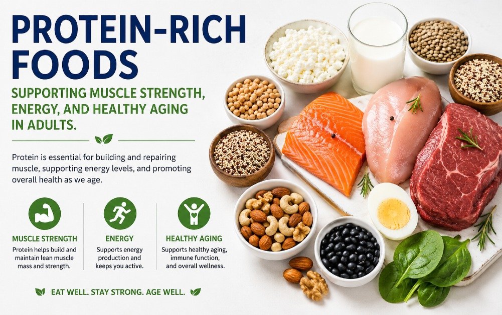 Protein-rich foods supporting muscle strength, energy, and healthy aging in adults.