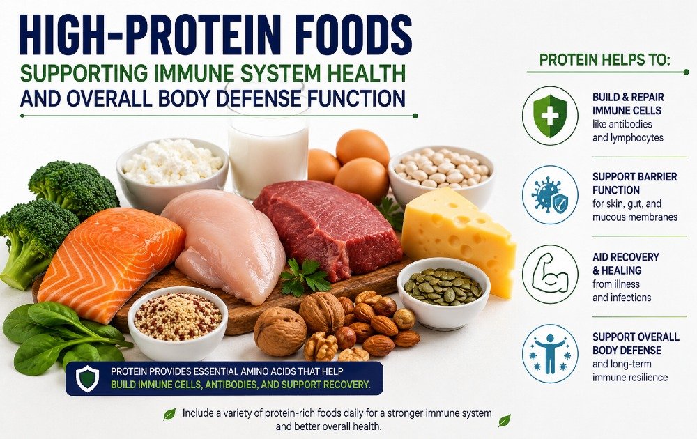 High-protein foods supporting immune system health and overall body defense function.