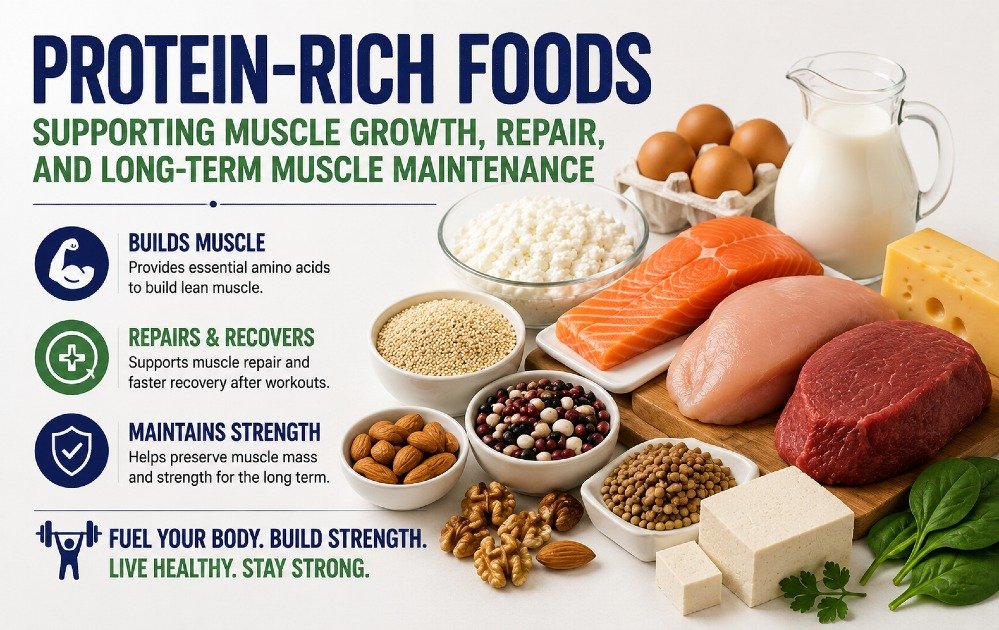 Protein-rich foods supporting muscle growth, repair, and long-term muscle maintenance in a healthy lifestyle.