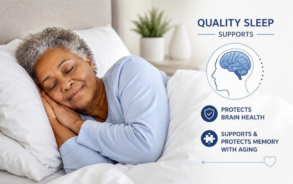 Older adult sleeping peacefully, symbolizing how quality sleep supports brain health and protects memory with aging.