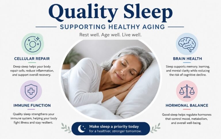 Quality sleep supporting healthy aging with benefits including cellular repair, brain health, immune function, and hormonal balance.