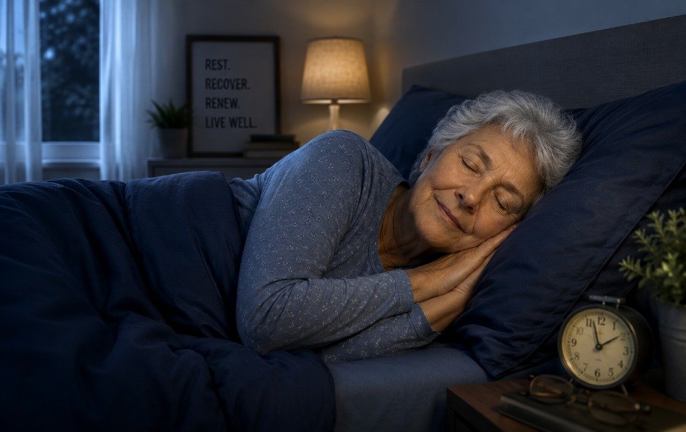 Older adult sleeping peacefully in a dark, calm bedroom, representing how quality sleep supports healthy aging, recovery, and long-term wellness.