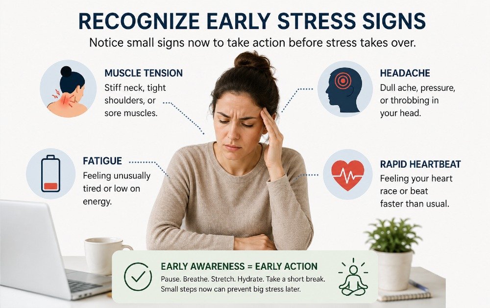 Person noticing early stress symptoms such as muscle tension, headache, fatigue, and rapid heartbeat before stress becomes overwhelming.