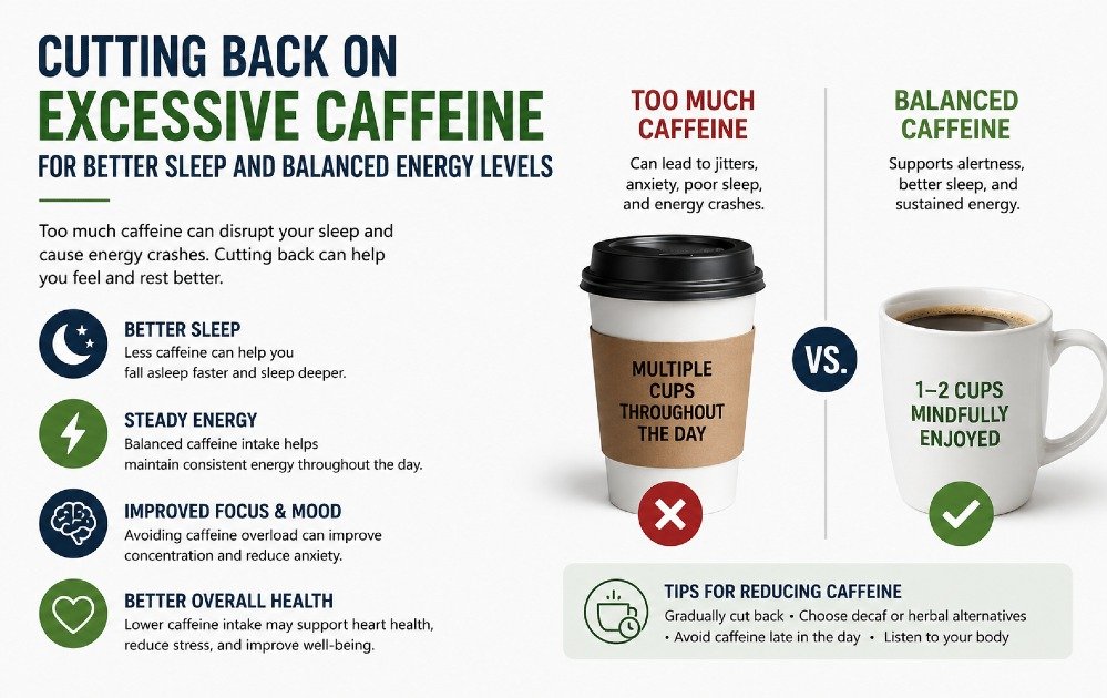 Cutting back on excessive caffeine intake for better sleep and balanced energy levels