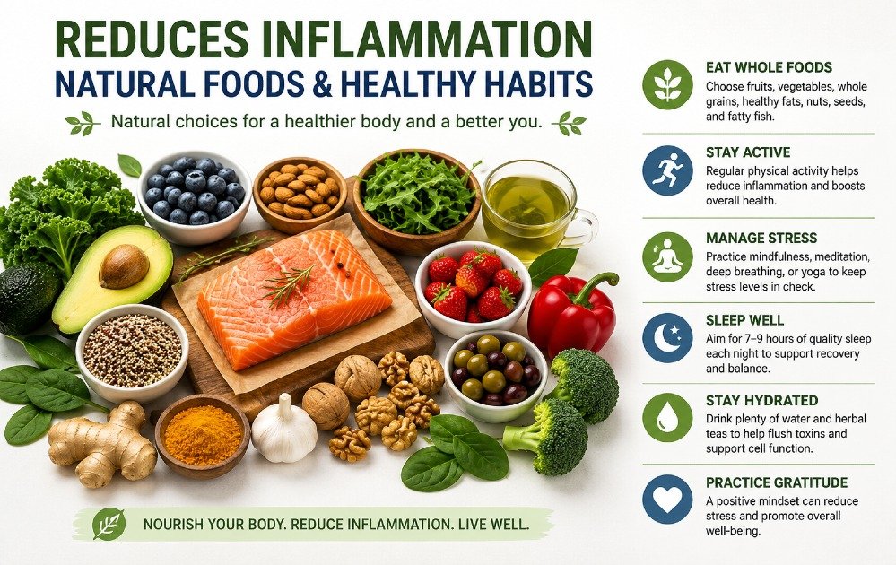 Natural foods and healthy lifestyle choices that help reduce inflammation and support overall wellness