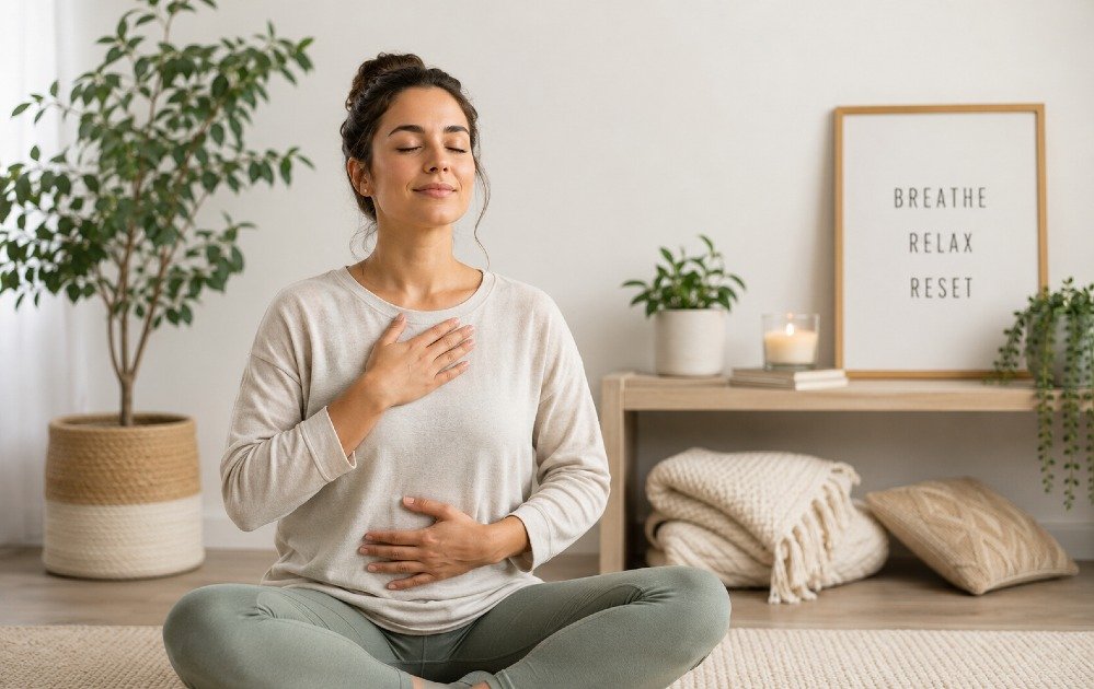 Person practicing deep breathing in a calm environment to reduce stress and support nervous system regulation and relaxation.
