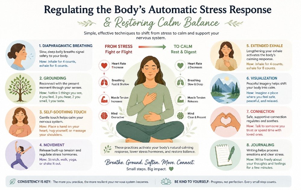 Illustration of techniques for regulating the body’s automatic stress response and restoring calm balance.