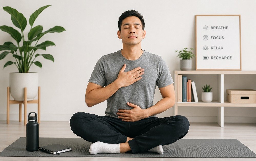 Person practicing a calm relaxation routine with deep breathing and mindful posture to improve focus and reduce stress.
