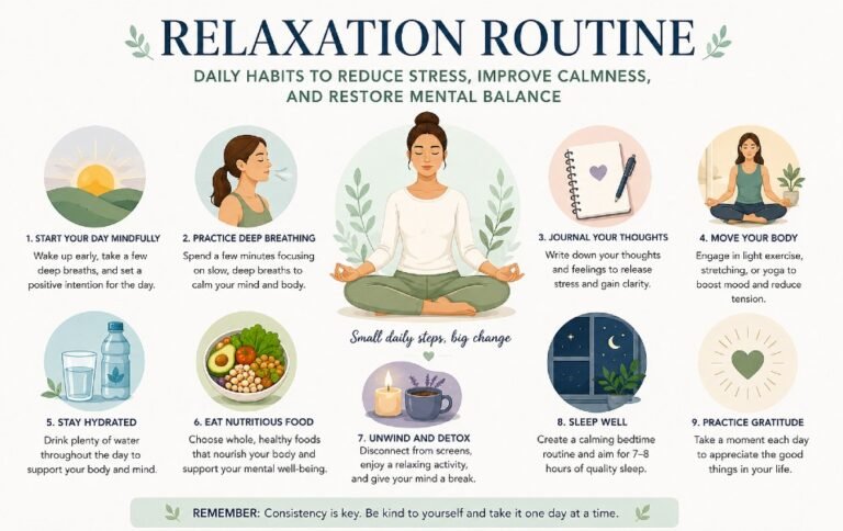 Relaxation routine with daily habits to reduce stress, improve calmness, and restore mental balance