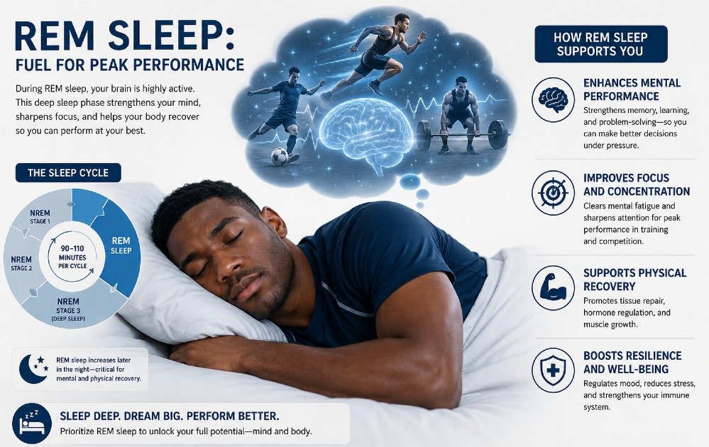 Athlete sleeping during REM sleep cycle, illustrating how deep sleep supports mental performance, focus, and physical training recovery.