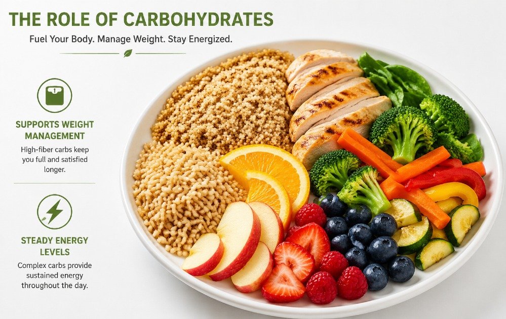 Balanced plate of healthy carbohydrates like whole grains, fruits, and vegetables supporting weight management and steady energy levels.