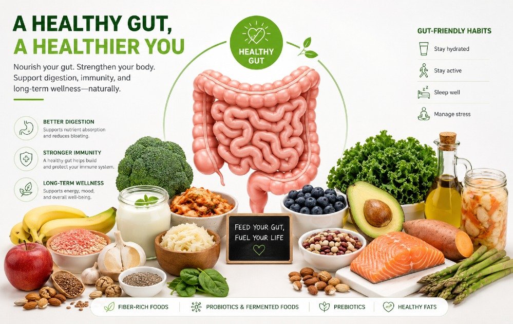 Healthy gut supported by nutritious foods that promote digestion, immunity, and long-term preventive wellness.