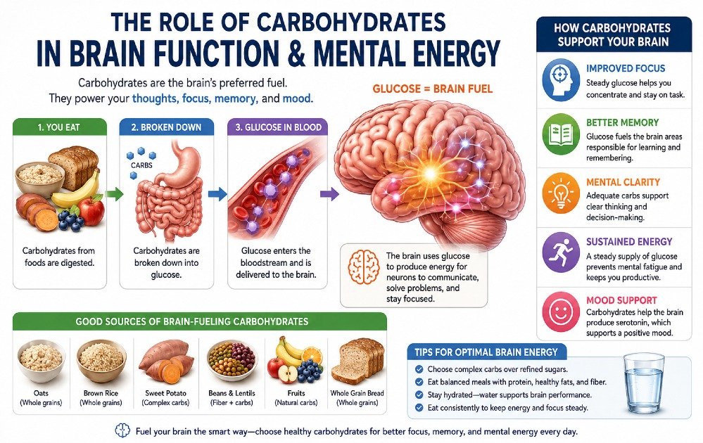 Illustration showing how carbohydrates support brain function and mental energy.