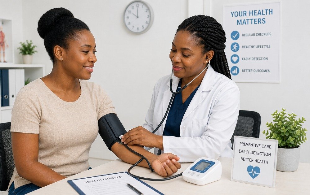 Patient undergoing routine health checkup with a healthcare provider monitoring vital signs for preventive care and early detection.