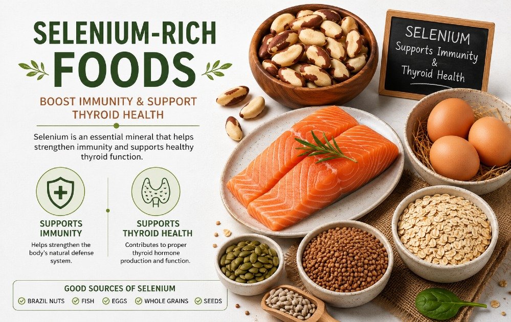 A clean visual of selenium-rich foods like Brazil nuts, fish, eggs, and whole grains arranged to highlight the health benefits of selenium for immunity and thyroid support.