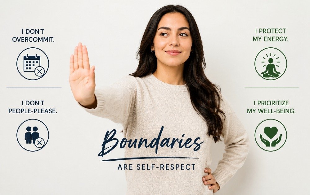 Person confidently setting healthy boundaries to protect mental energy, reduce stress, and maintain emotional well-being.