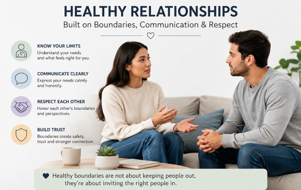 Person calmly setting clear healthy relationship boundaries through open communication and mutual respect.