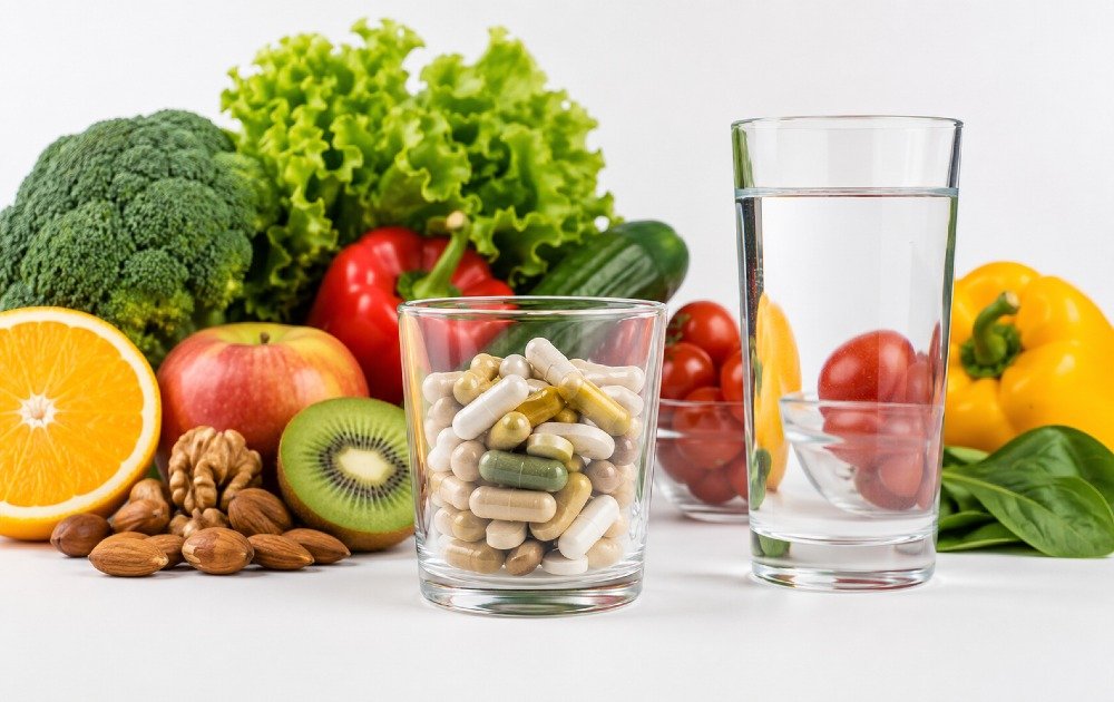 Glass of mineral supplement capsules beside water and fresh foods representing daily nutrient intake and supplement use.
