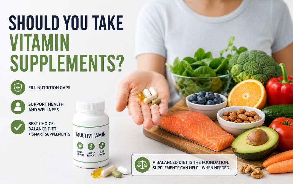 Person holding vitamin supplements next to balanced healthy foods, illustrating the question “Should You Take Vitamin Supplements?”