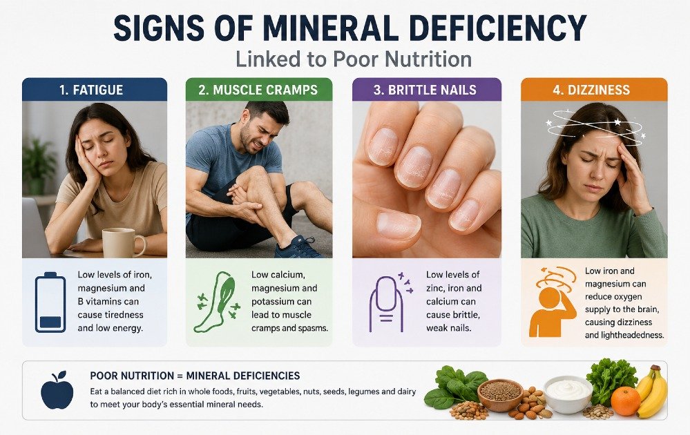 Clear visual showing common signs of mineral deficiency such as fatigue, muscle cramps, brittle nails, and dizziness linked to poor nutrition.
