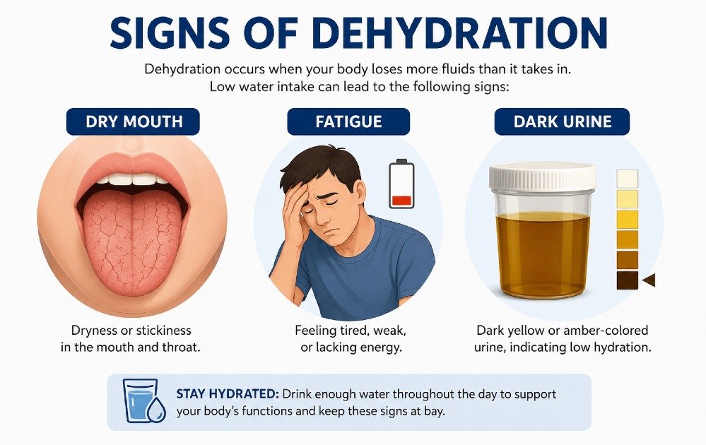 Signs of dehydration such as dry mouth, fatigue, and dark urine indicating low water intake.