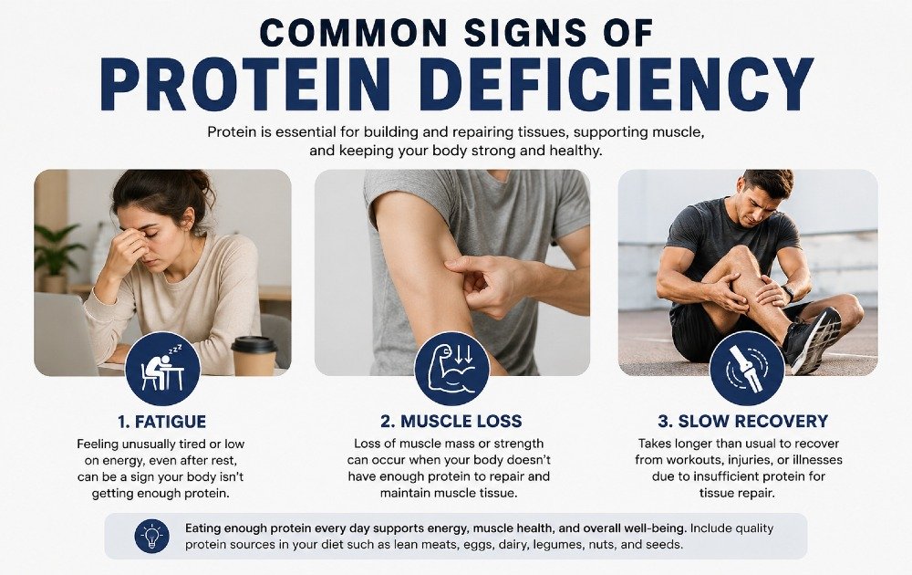 Common signs of protein deficiency including fatigue, muscle loss, and slow recovery