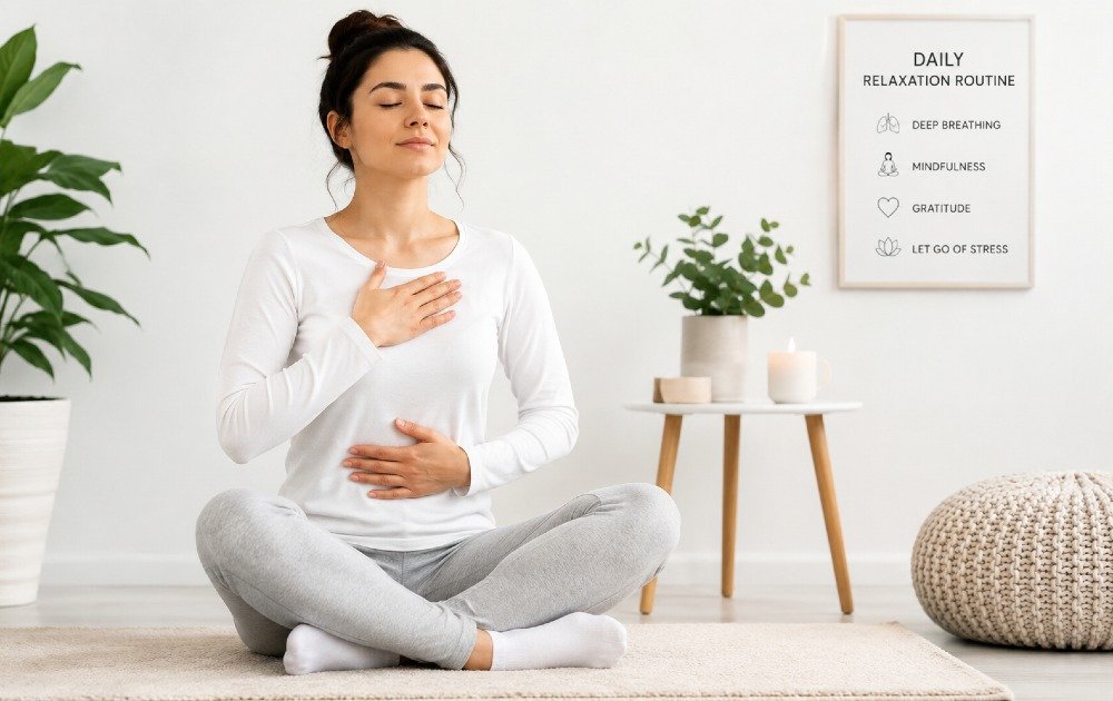 Person practicing a simple daily relaxation routine with deep breathing and mindfulness to reduce stress and improve well-being.
