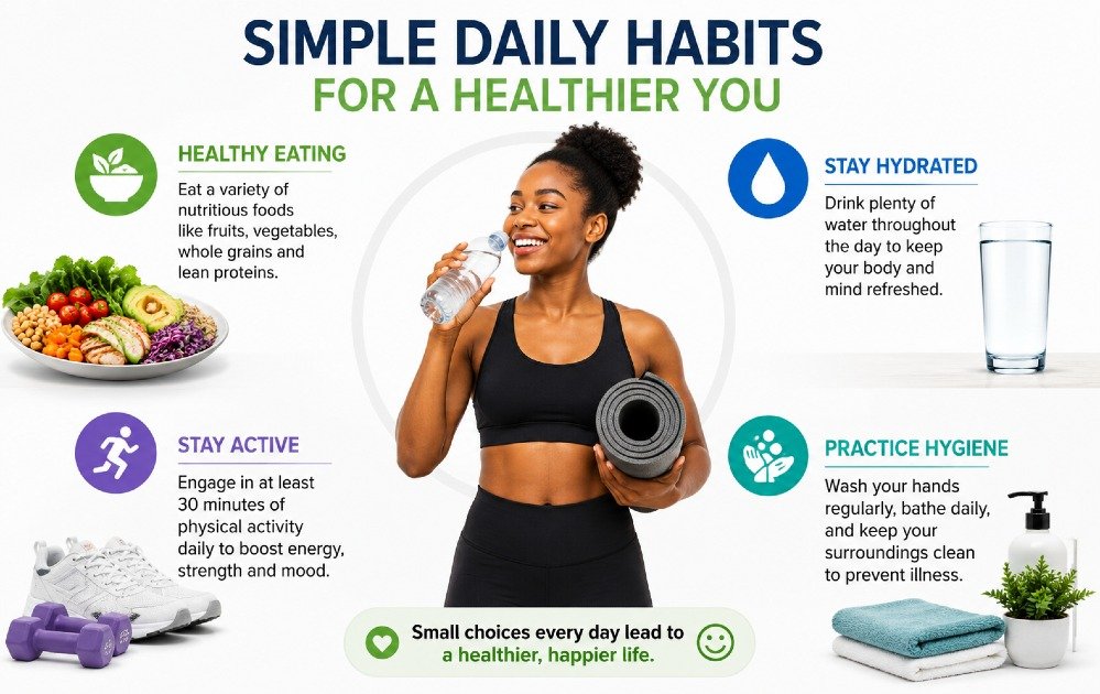 Person practicing simple daily preventive health habits like healthy eating, hydration, exercise, and hygiene for overall wellness.