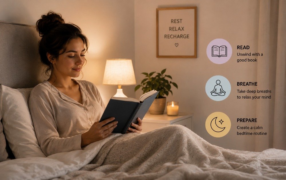Person practicing a relaxing bedtime routine with soft lighting, reading, and deep breathing to support better sleep quality.