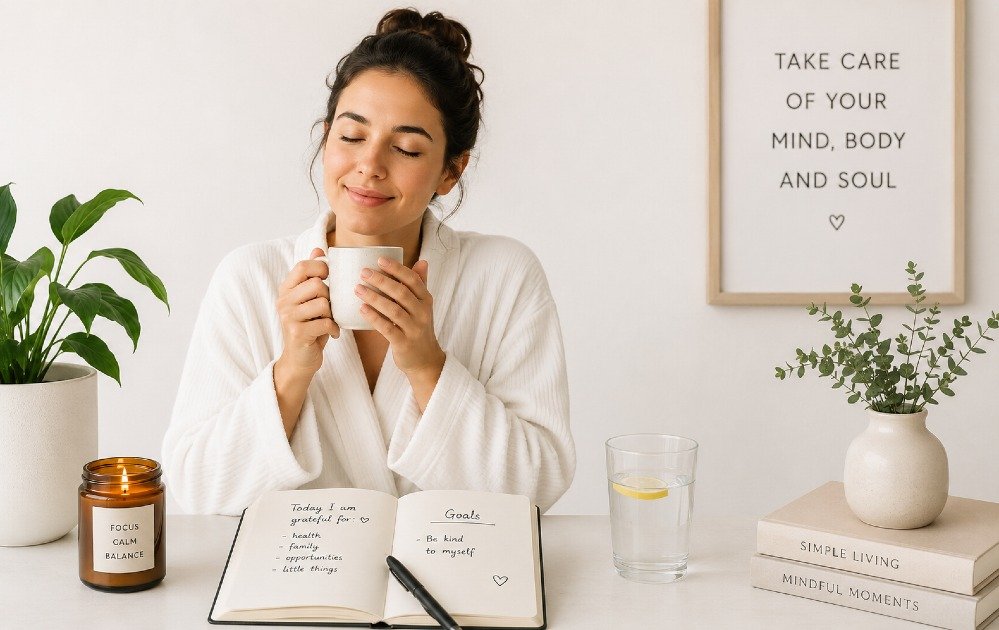 Person practicing a simple self-care routine with hydration, stretching, and relaxation to restore energy and improve well-being.