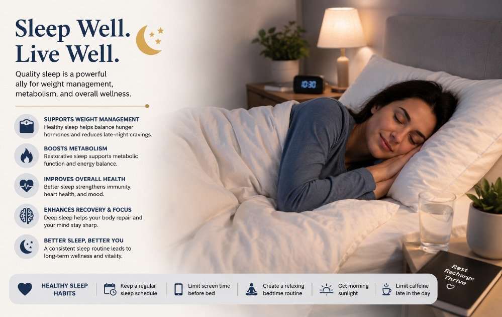 Adult sleeping peacefully at night, illustrating healthy sleep habits that naturally support weight management, metabolism, and overall wellness.
