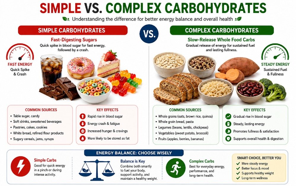 Simple vs. complex carbohydrates comparison showing fast-digesting sugars and slow-release whole food carbs for energy balance.
