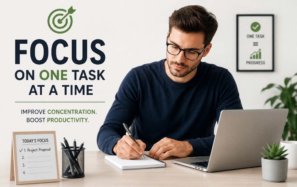 Focused person completing one task at a time to improve concentration and productivity.