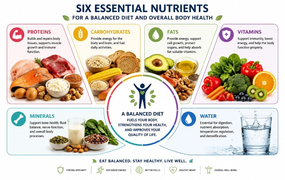 Six essential nutrients illustrated in a balanced diet chart showing proteins, carbohydrates, fats, vitamins, minerals, and water for overall body health.