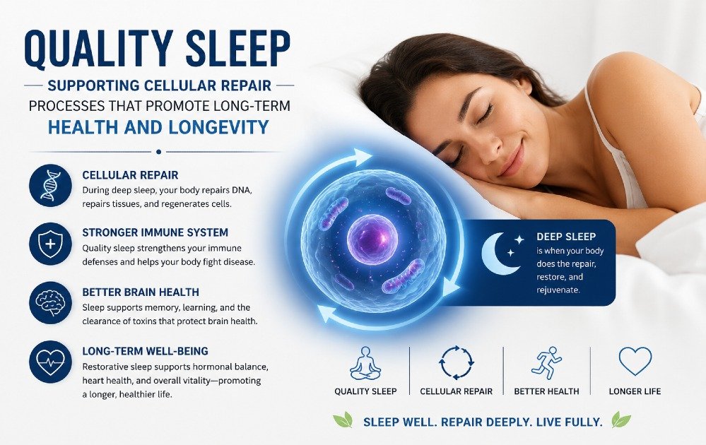 Quality sleep supporting cellular repair processes that promote long-term health and longevity.